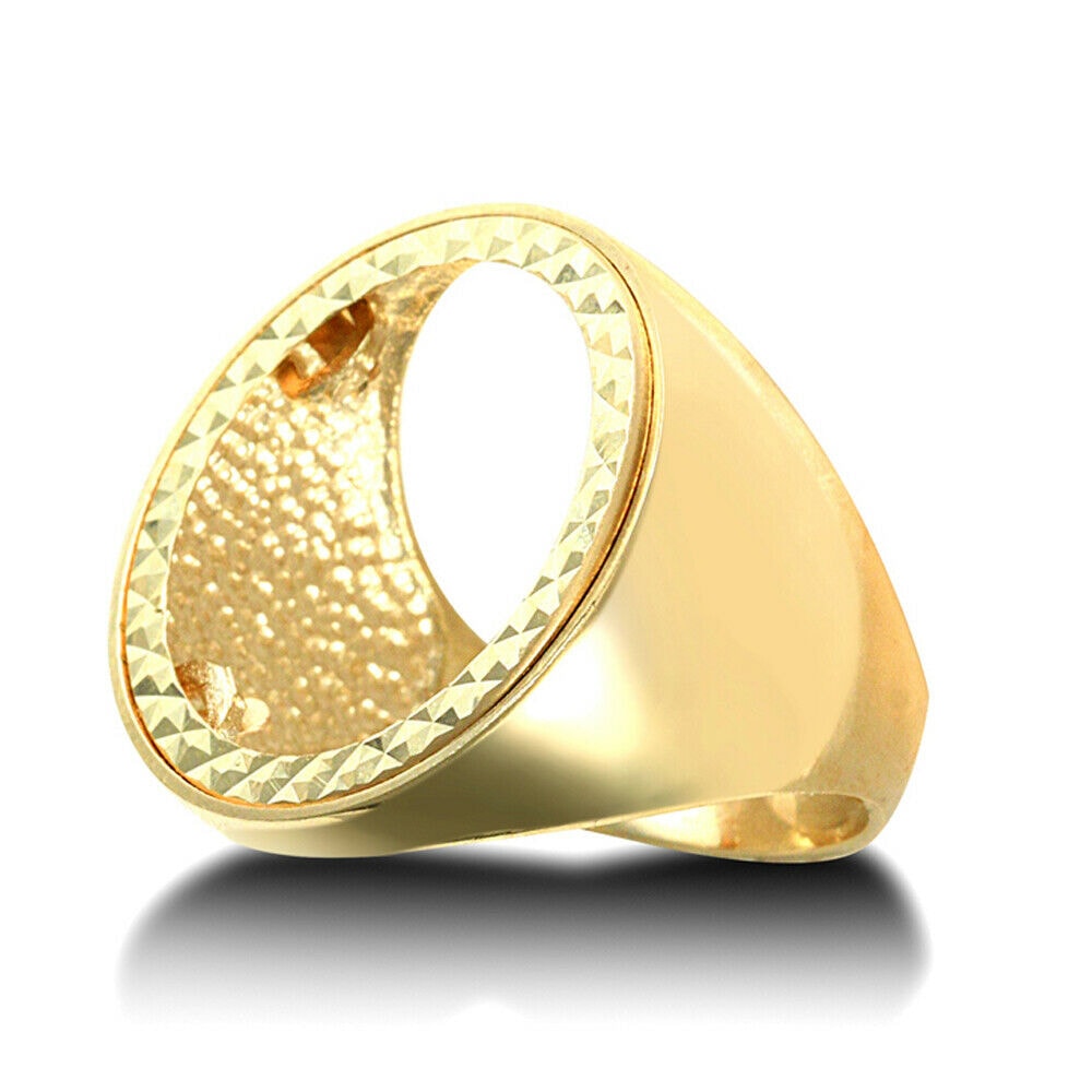 9ct yellow gold full Sovereign size coin mount ring polished shoulders.