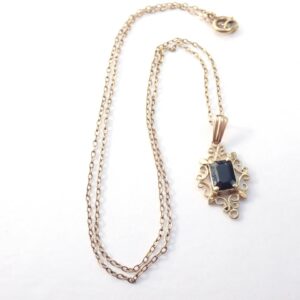 Blue Sapphire 9ct Yellow Gold Pendant 16" Anchor chain -2.2gms