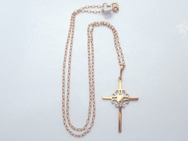 Victorian Rose Gold Cross Crucifix Jesus 9K Gold Pendant 18" Belcher Chain