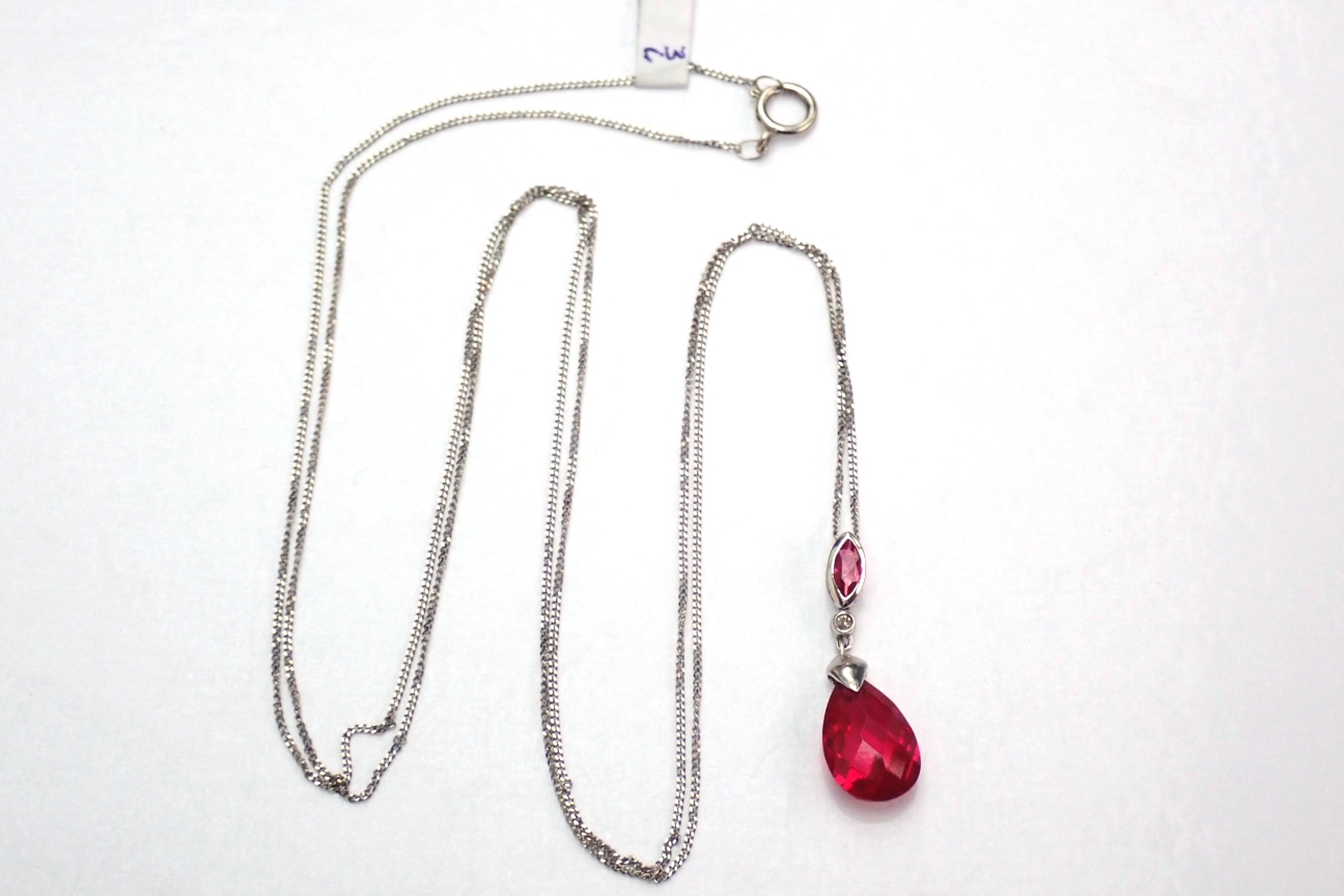 Ruby and Diamond Gold Pendant 9ct White Gold -28 inch Chain