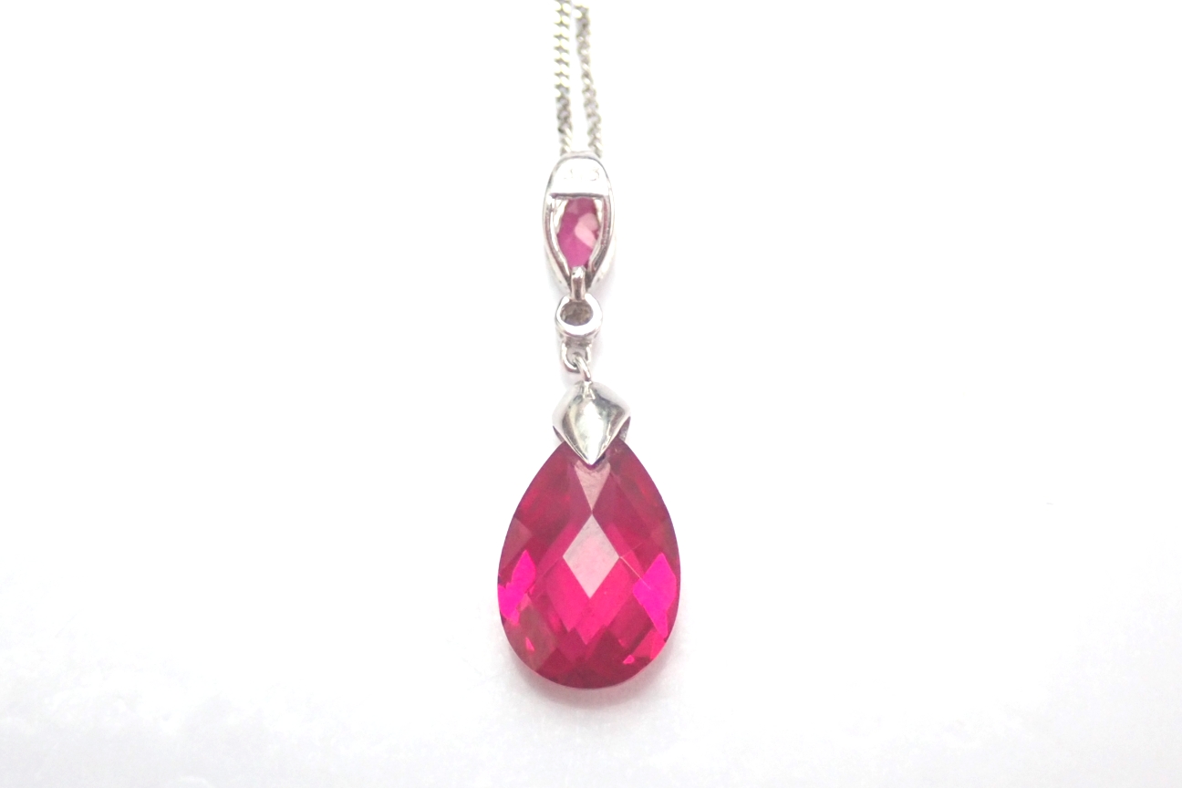 Ruby and Diamond Gold Pendant 9ct White Gold -28 inch Chain