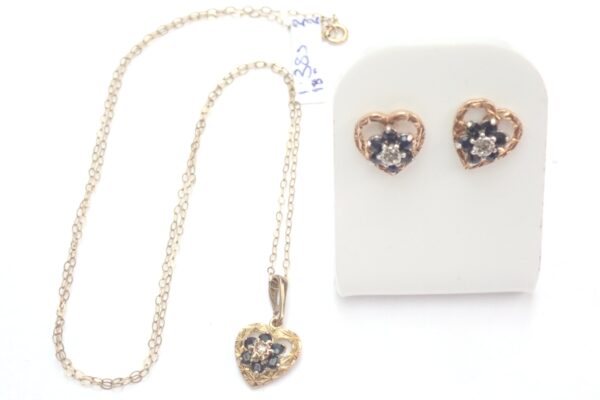 Sapphire Diamond Heart Earrings Pendant Set 9ct Yellow Gold -18 inch Chain