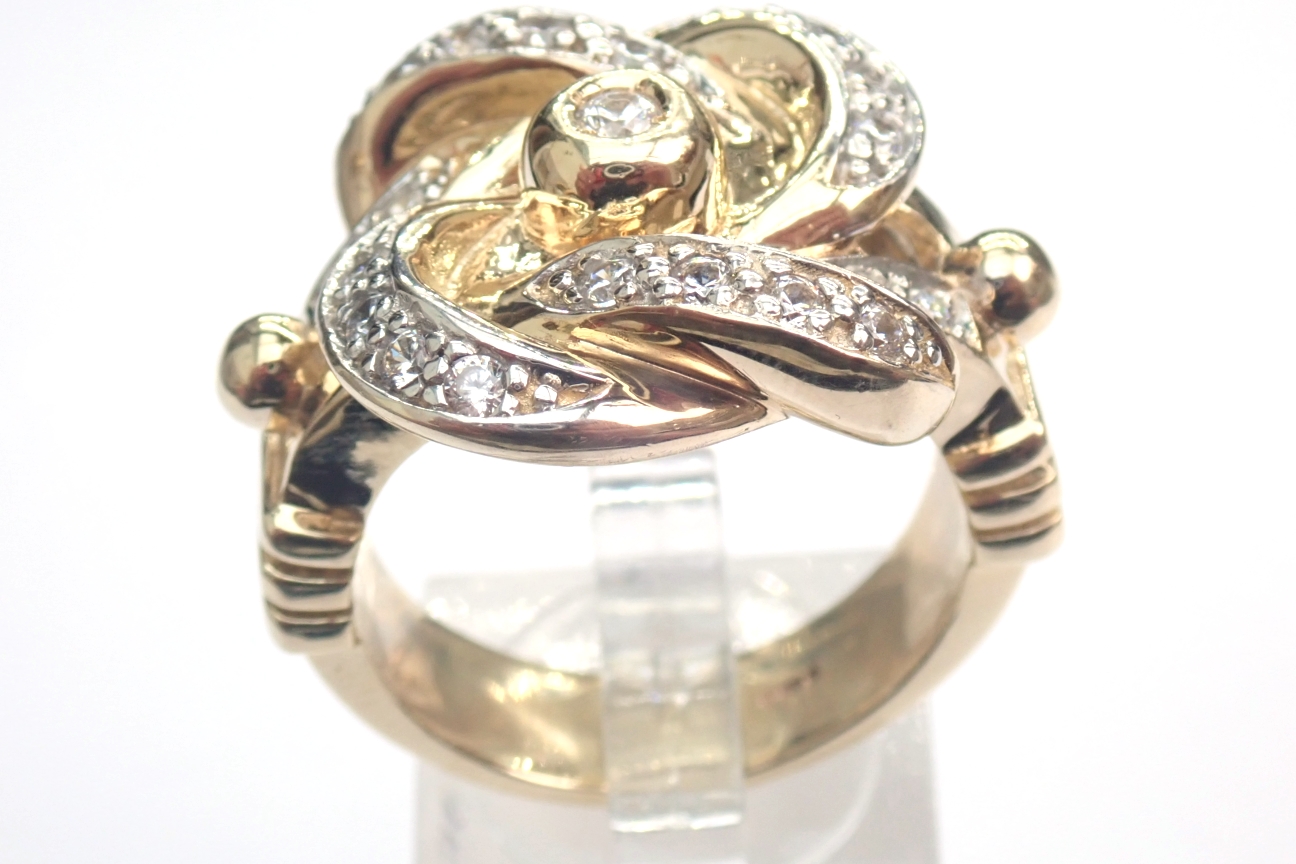 Cubic Zirconia Knot Ring Solid 9ct Yellow Gold Size V -20.00 grams Hand Finished