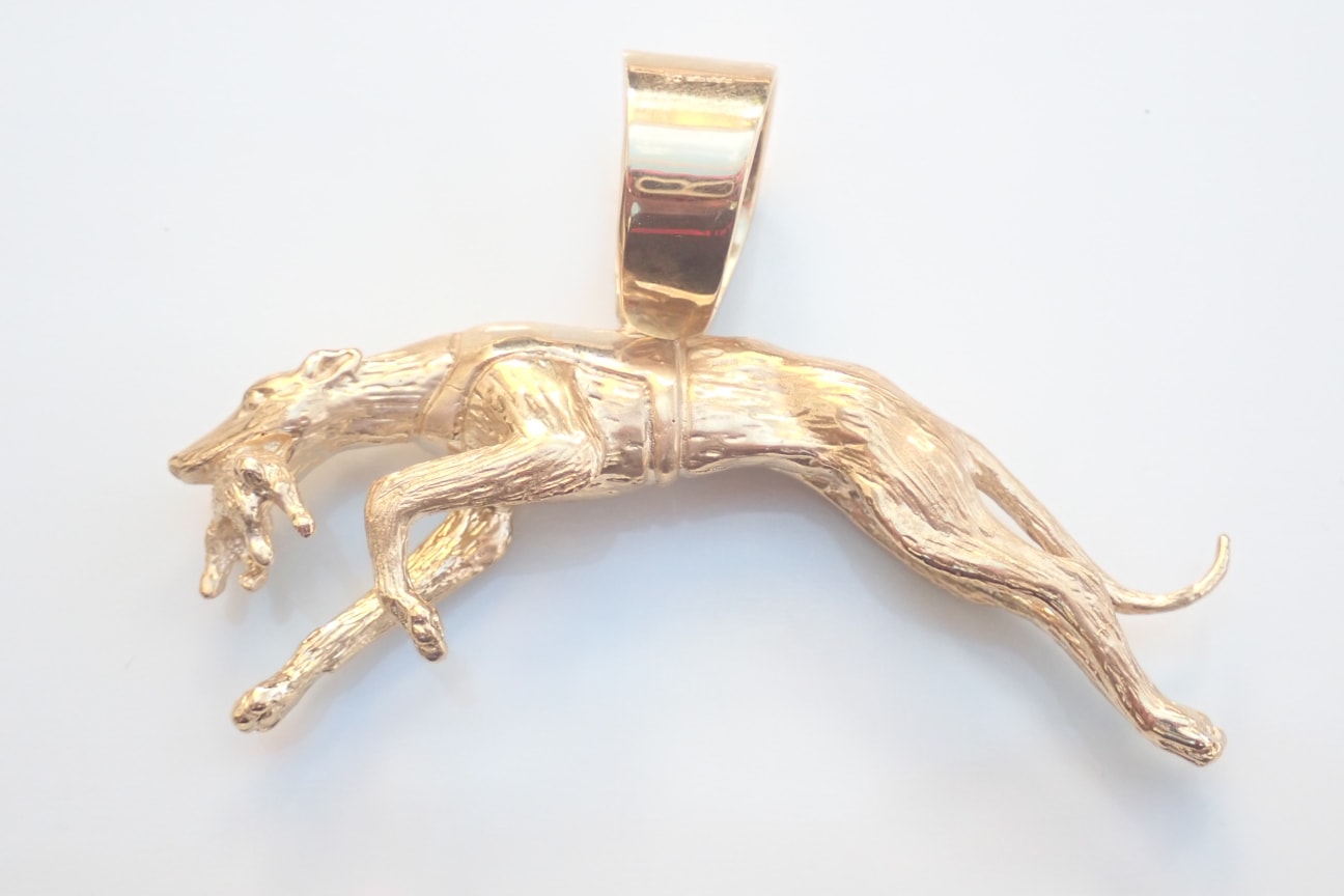 Large Lurcher and Rabbit Pendant 375 Gold